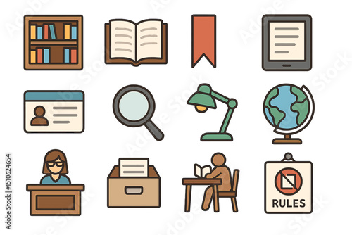Library and research icon set featuring books, bookmark, globe, and study elements
