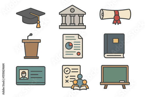 Education icons set featuring diploma, graduation cap, school, and chalkboard