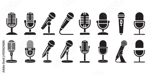 set of  features various microphone icons, from classic vintage styles to modern handheld models, all in a simple black silhouette design against a white background.