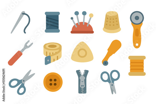 Sewing tools collection with needles, scissors, buttons, and more
