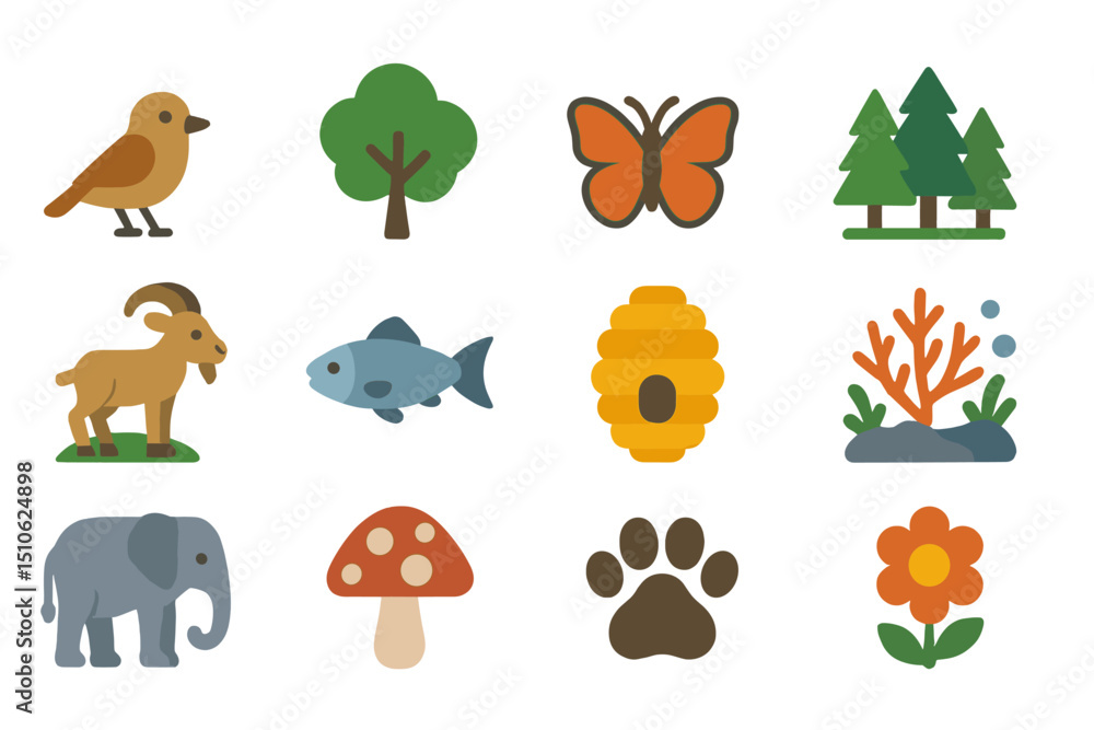 Obraz premium Nature icons: animals, plants, and elements in a colorful grid design