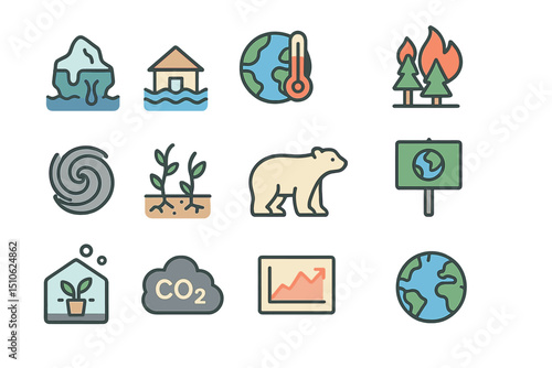Climate change icons depicting global warming and environmental impact