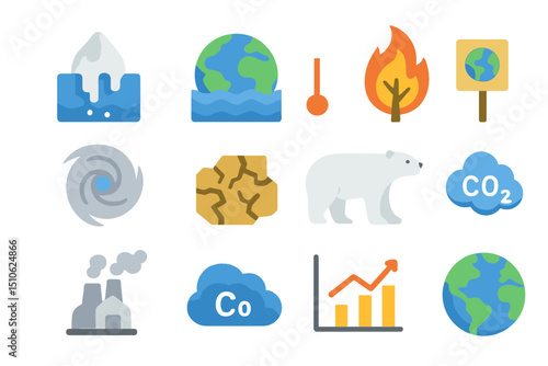 Climate change icons highlight global warming and environmental impact