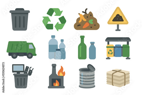 Waste management icons: recycling, composting, biodegradable, incineration, diversion