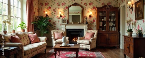 Cozy living room with floral wallpaper, antique furniture, and warm lighting, perfect for granny-themed projects , background, sofa, home