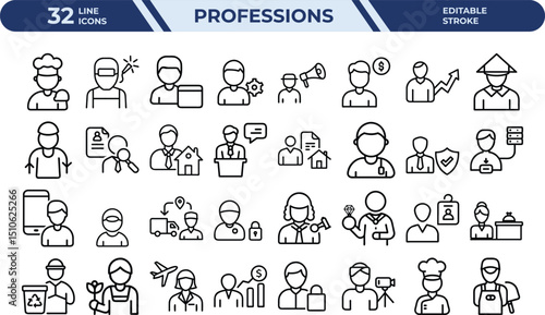 Line profession icons pack outline career workers editable