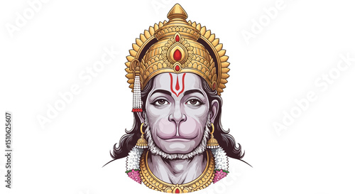 Illustration of the Hindu deity Hanuman with a golden crown and traditional markings on a white background