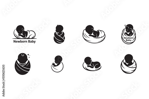Six stylized newborn baby silhouettes in various poses.