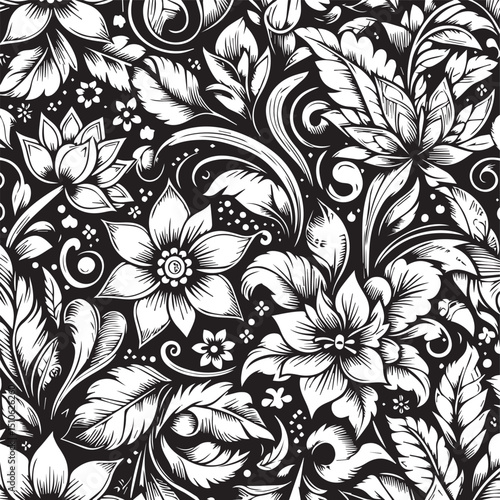 Wallpaper Mural Seamless Floral Pattern Vector in Classic Black & White Torontodigital.ca