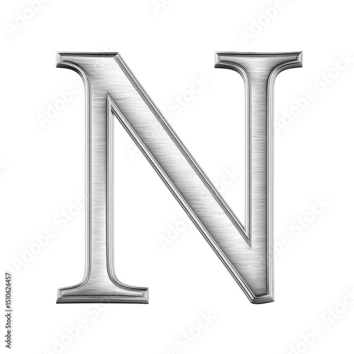Metallic letter N with shiny silver texture transparency background, elegant and realistic design