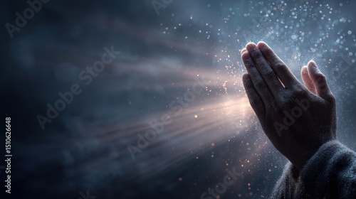 Praying Hands Silhouetted Against Divine Light on Dark Blue Background