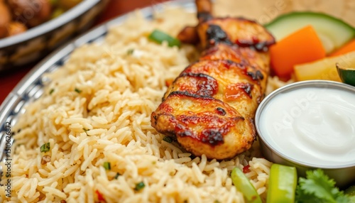 Delicious grilled chicken skewers with savory rice and creamy dipping sauce