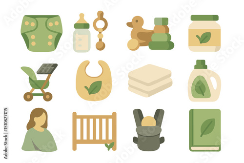 Eco-friendly baby products icons set with toys, stroller, and bottles