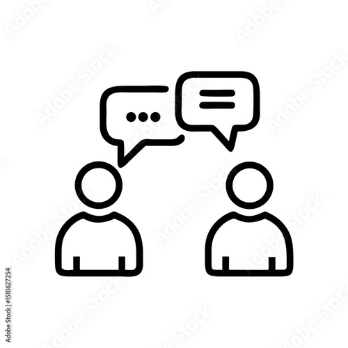 Two people icons with speech bubbles represent communication and conversation