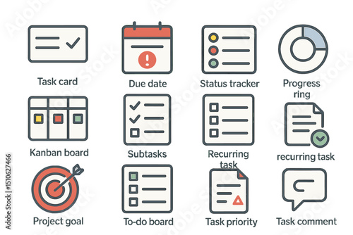 Task management icons: kanban board, due date, status tracker, project goal
