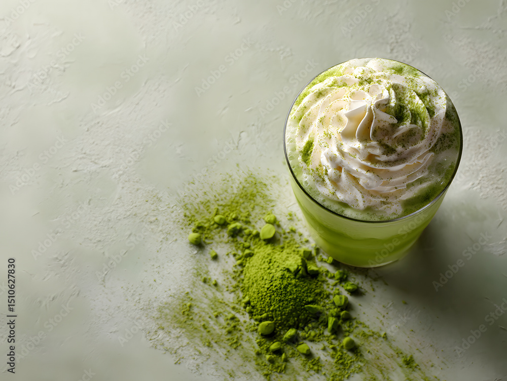 Obraz premium chilled matcha milkshake in a tall glass with whipped cream and matcha powder dusting