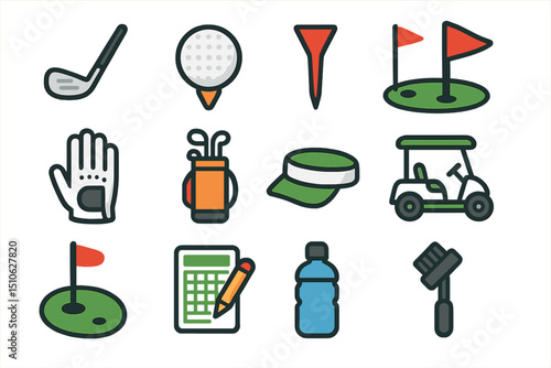 Golf equipment icons including clubs, cart, flag, glove, cap, and scorecard