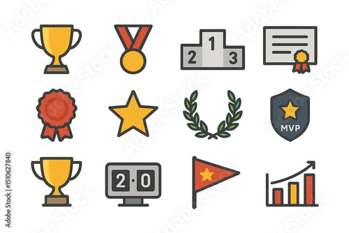 Golf equipment icon set with clubs, tees, and flags