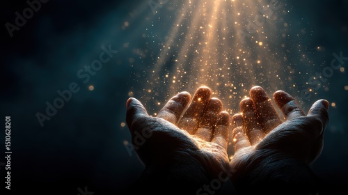 Open Hands Receiving Golden Light Particles on Dark Background