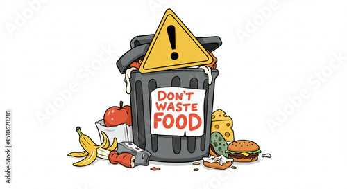 Don't Waste Food" cartoon with food in trashcan and warning sign — colorful digital illustration