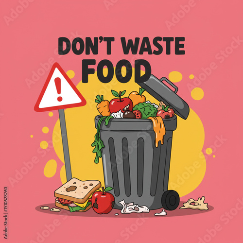 Don't Waste Food" cartoon with food in trashcan and warning sign — colorful digital illustration