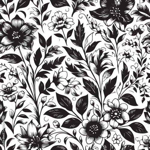 Seamless Floral Pattern Vector in Classic Black & White