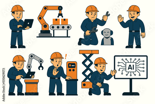 Engineer in various actions with robots programming, repairing, calibrating machinery, automation technology, flat vector illustration, white background