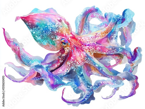 A vivid watercolor painting features an octopus with intricate patterns and colors creating an eye-catching and mesmerizing artwork on a white background.