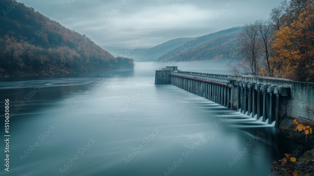 Naklejka premium isolated hydroelectric dam, serene river, flat natural tones, soft realism, 16:9