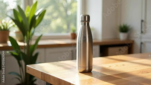 4K Stylish Stainless Steel Water Bottle on Kitchen Countertop with Sunlight