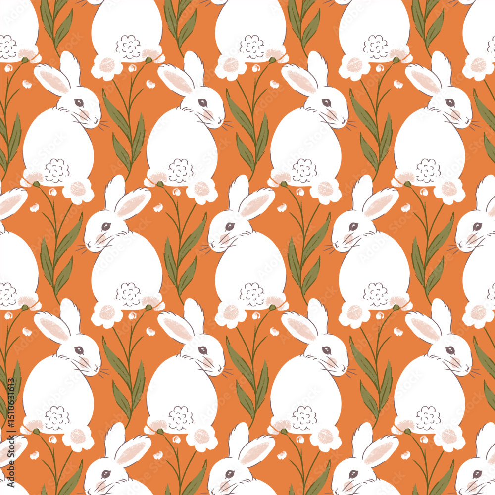 Obraz premium White Rabbit Looking Back Vector Seamless Pattern