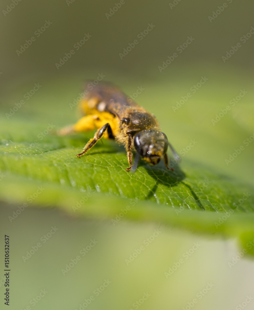 Naklejka premium A yellow and brown bee is on a leaf