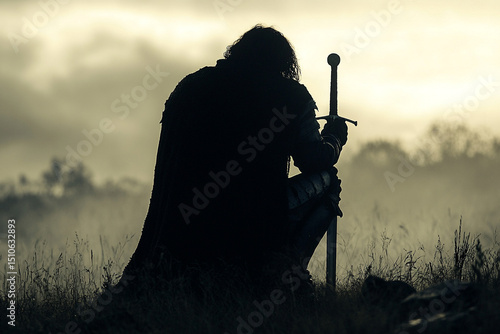 Silhouette of a man kneeling with a sword