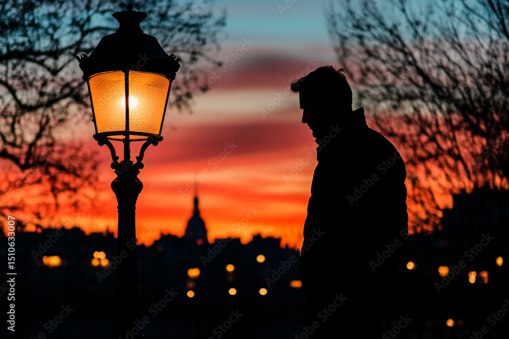 Fototapeta premium Silhouette of a man leaning against a lamppost
