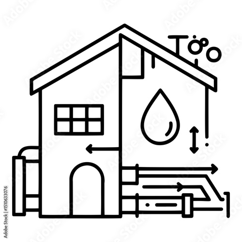 House water management system illustration with pipes and water flow in minimalist style 
