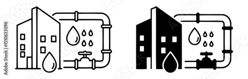 Water supply system illustration with pipes and buildings in minimalist style