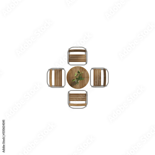 Top View Wooden Round Table with Four Chairs. Set of outdoor furniture for floor plan interior design.
