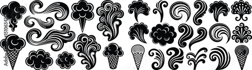 a set of different types of hair brushes, small flames, smoke effects, decorative lines, simple illustration, stylized thin lines, highly detailed fire tendrils, smooth vector lines, ground mist swirl