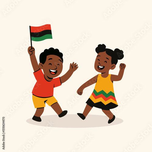 Happy African American Children Celebrating Juneteenth with Pan-African Flag – Cartoon Style