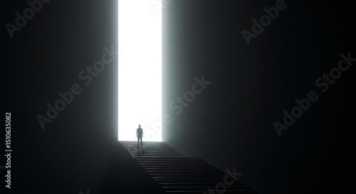Wallpaper Mural Silhouette Figure Standing on Stairs Towards Bright Light Opening Torontodigital.ca