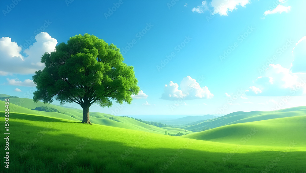 Obraz premium Lush green grass vibrant colors blue sky with puffy clouds