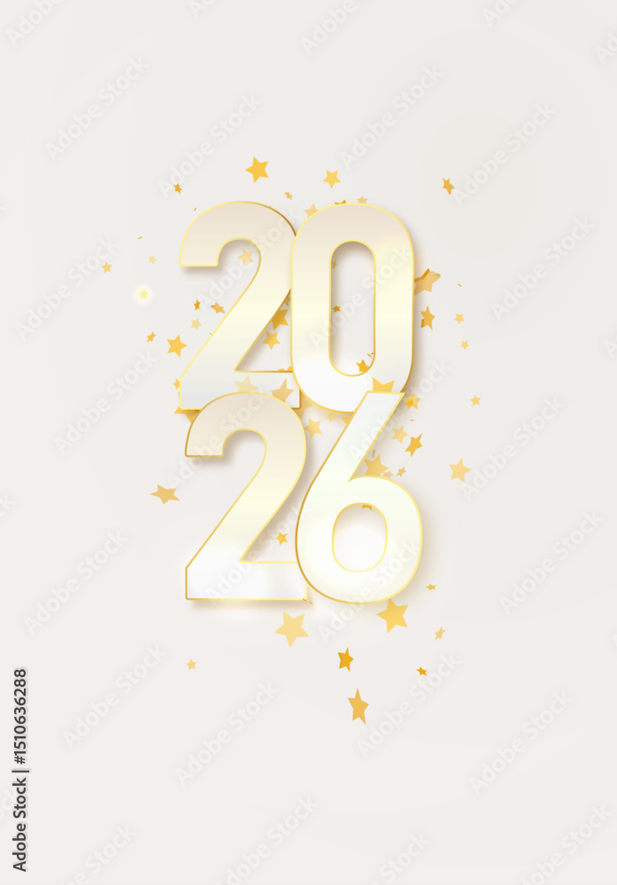 Fototapeta premium 2026 gold metal number for New Year . Festive Christmas banner with falling confetti on bright background. Realistic Golden 3d number. Vector