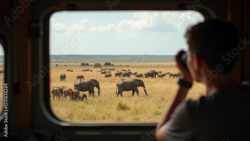 People taking photos of wild animals inside the car