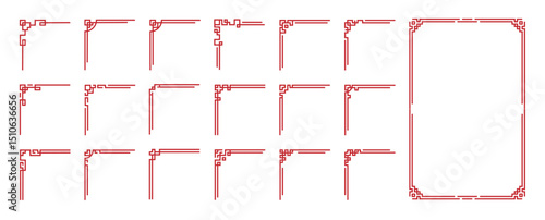 Chinese frame corner ornament vector set. Decorative elements with line, corner, borders, frames, headers. Illustration of elegant design suitable for card, invitation, poster, cover.
