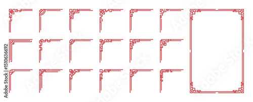 Chinese frame corner ornament vector set. Decorative elements with line, corner, borders, frames, headers. Illustration of elegant design suitable for card, invitation, poster, cover.