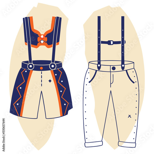 Dirndl and Lederhosen Vector Illustration – Traditional German and Austrian Festival Outfits for Cultural Fashion and Folk Costume Design