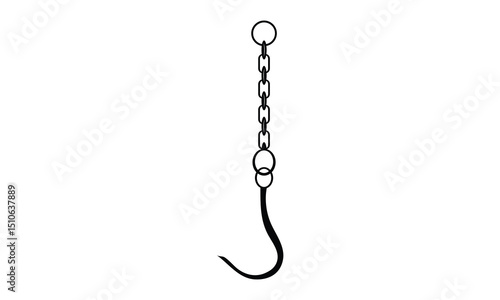 Hanging Hook Silhouette, black and white illustration of a fishing hook and chain silhouette, Meat Hanging Hook with Silhouette Isolated on White Background