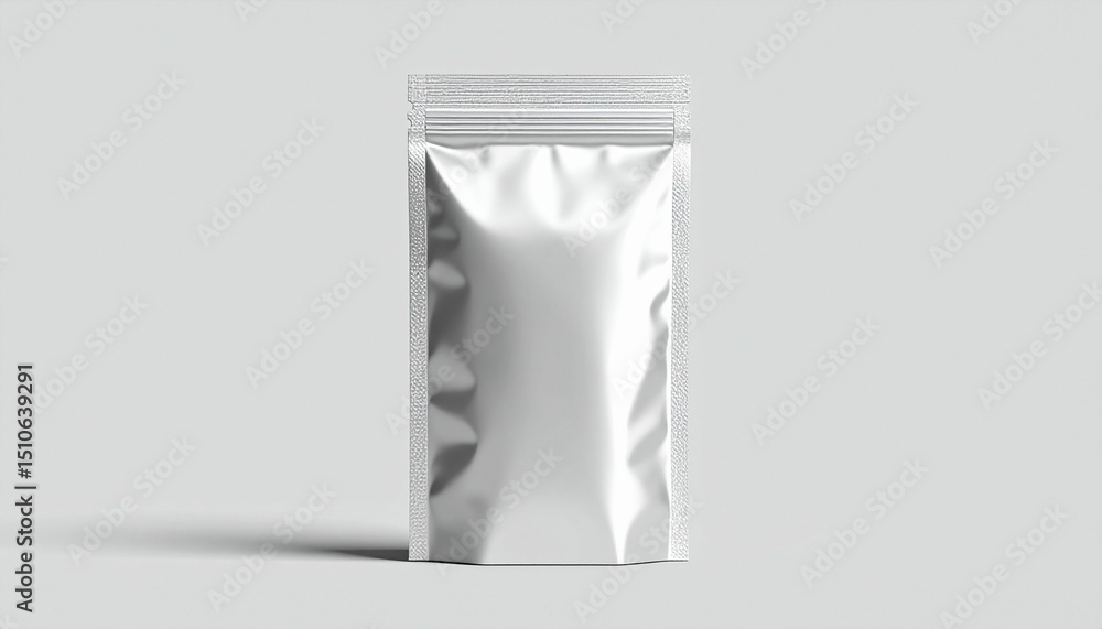 Silver pouch on plain background, ideal for pet food packaging, symbolizes freshness and quality. Silver pouch on plain background, ideal for pet food packaging, symbolizes freshness and quality.