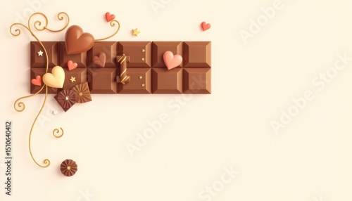 Whimsical Chocolate Bar with Hearts and Golden Accents Illustration