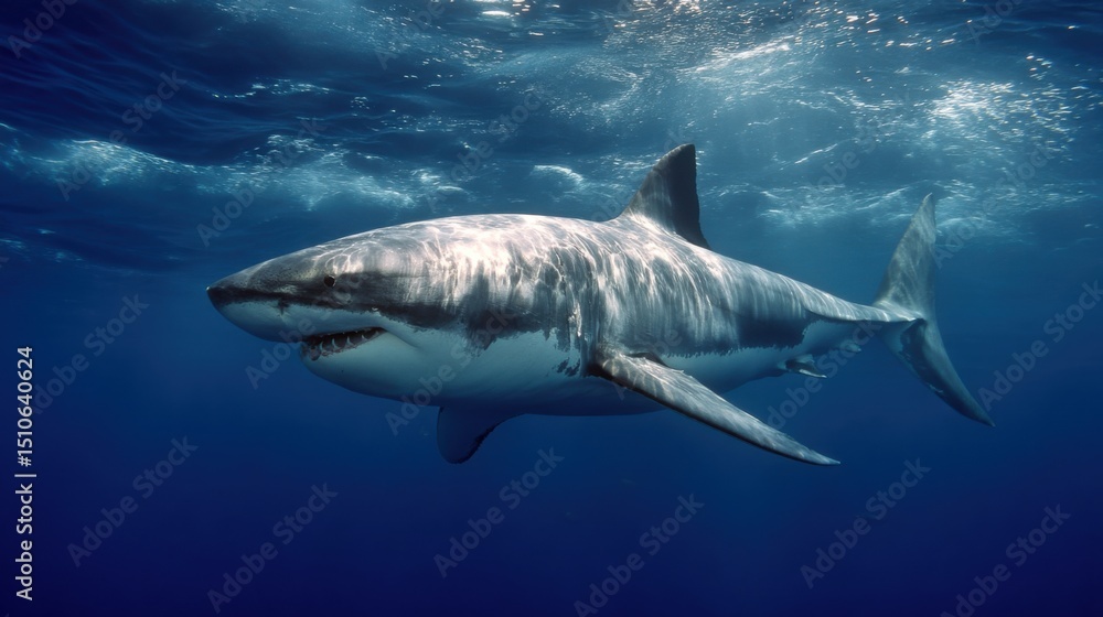 Naklejka premium Great white shark swimming in blue ocean water